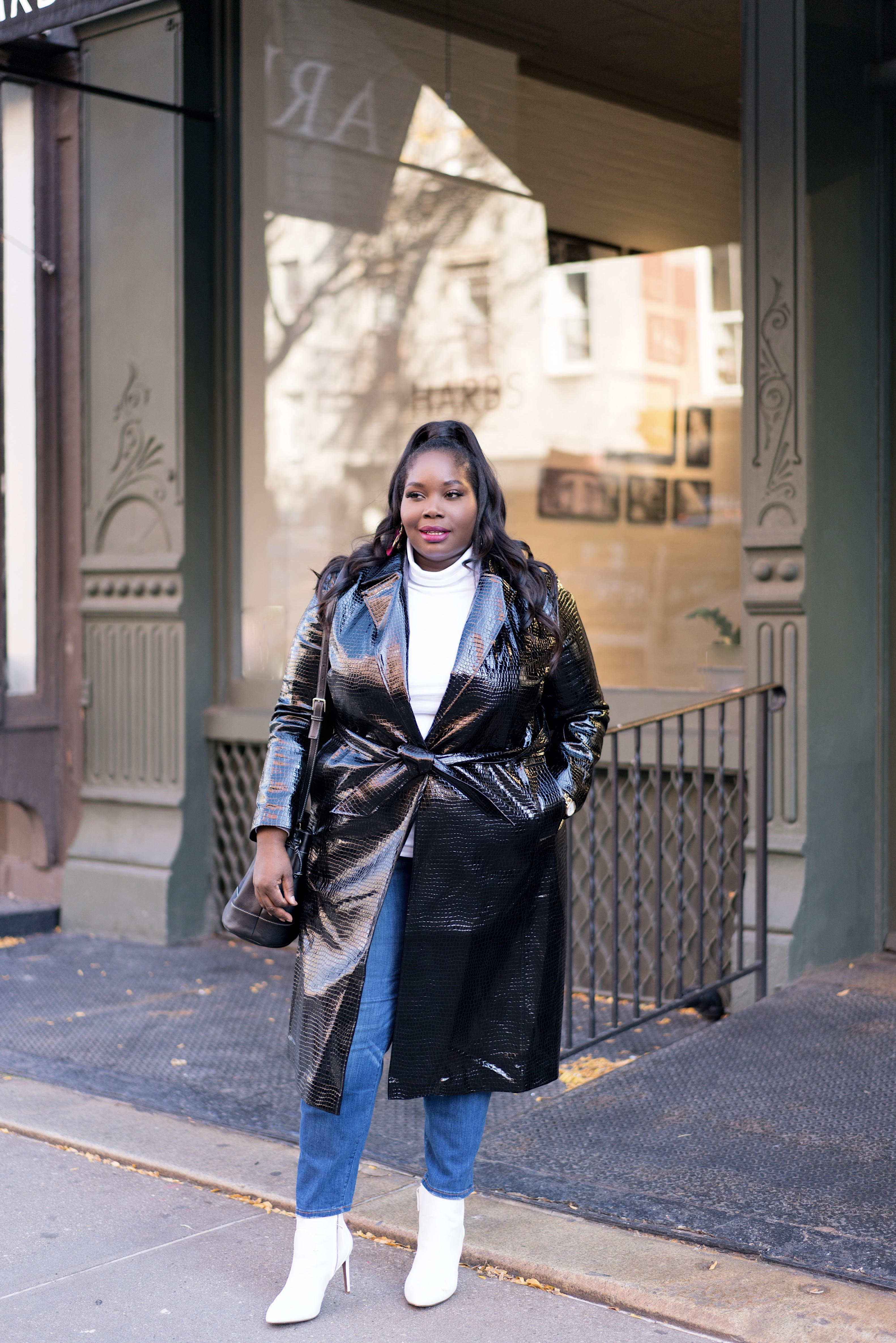 Plus Size Vegan Leather Belted Trench Coat Outerwear