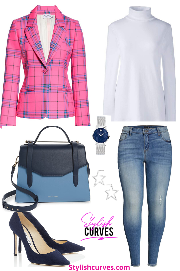 plus size winter outfits featuring a pink plaid Tanya Taylor blazer and skinny jeans.