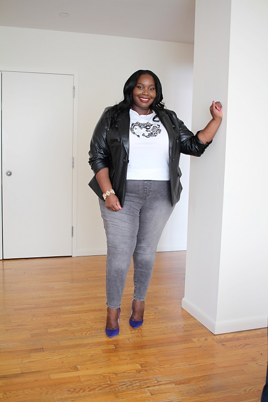 plus size leather blazer and jeggings from Lane Bryant