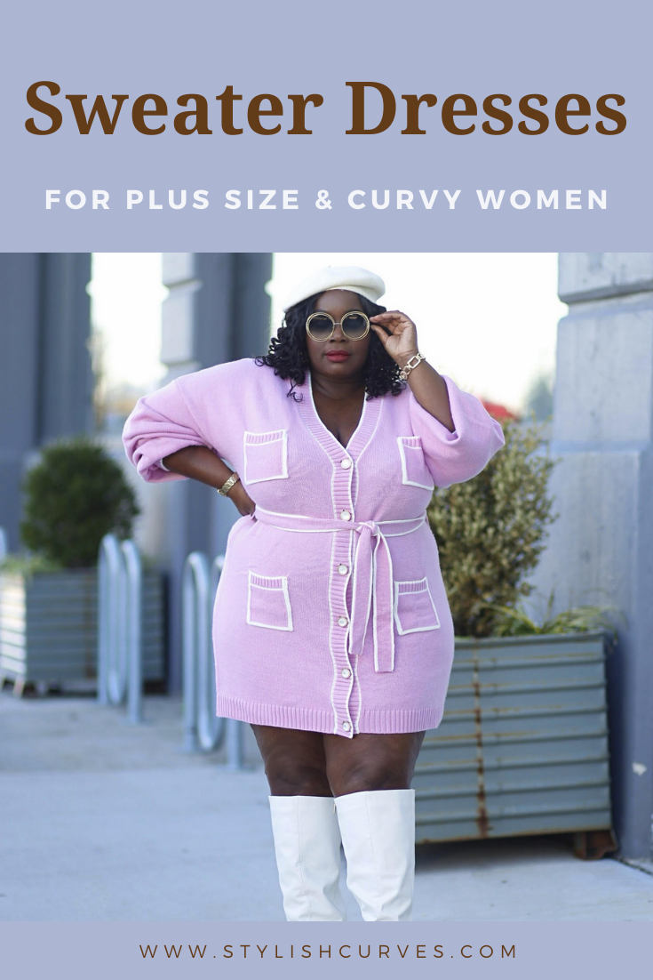 how to wear a sweater dress for fall and winter. We love how this pink and white colorblock sweater dress is styled with knee high boots and a beret. Checkout more sweater dress options.