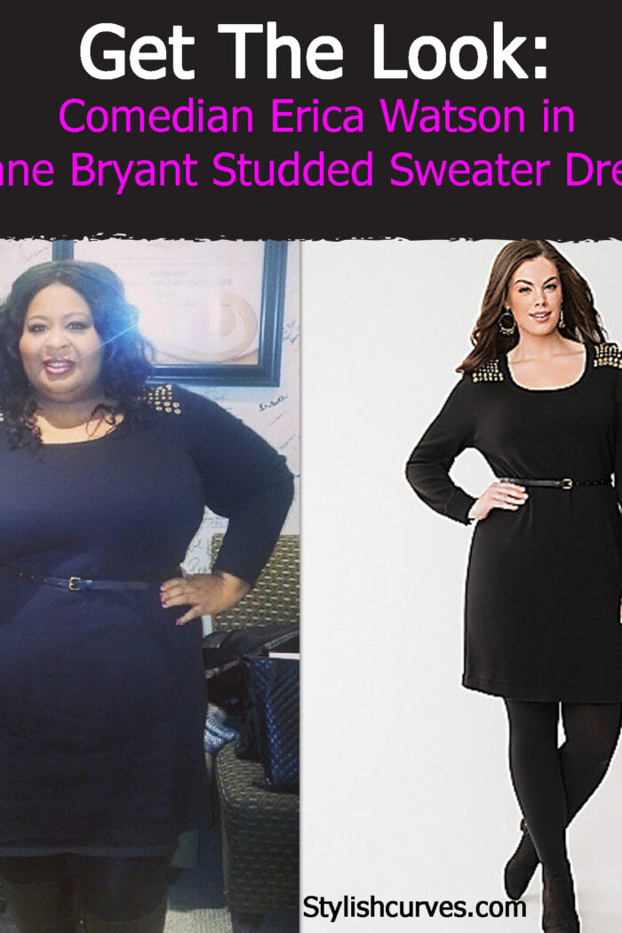 COMEDIAN AND ACTRESS ERICA WATSON IN LANE BRYANT STUDDED PLUS SIZE SWEATER DRESS