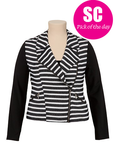 STYLISH CURVES PICK OF THE DAY: MAURICES CONTRAST SLEEVE ASYMMETRICAL ZIP STRIPE PLUS SIZE MOTO JACKET