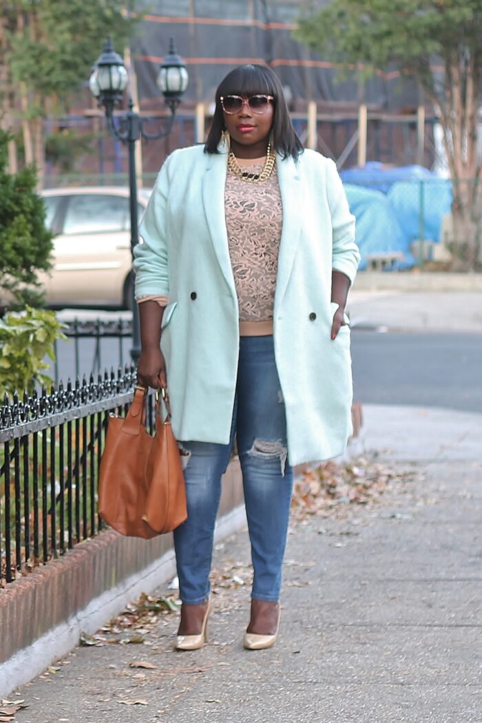 Embracing The Fall Weather In An Old Navy Mint Plus Size Coat And A BB Dakota Lace Pullover