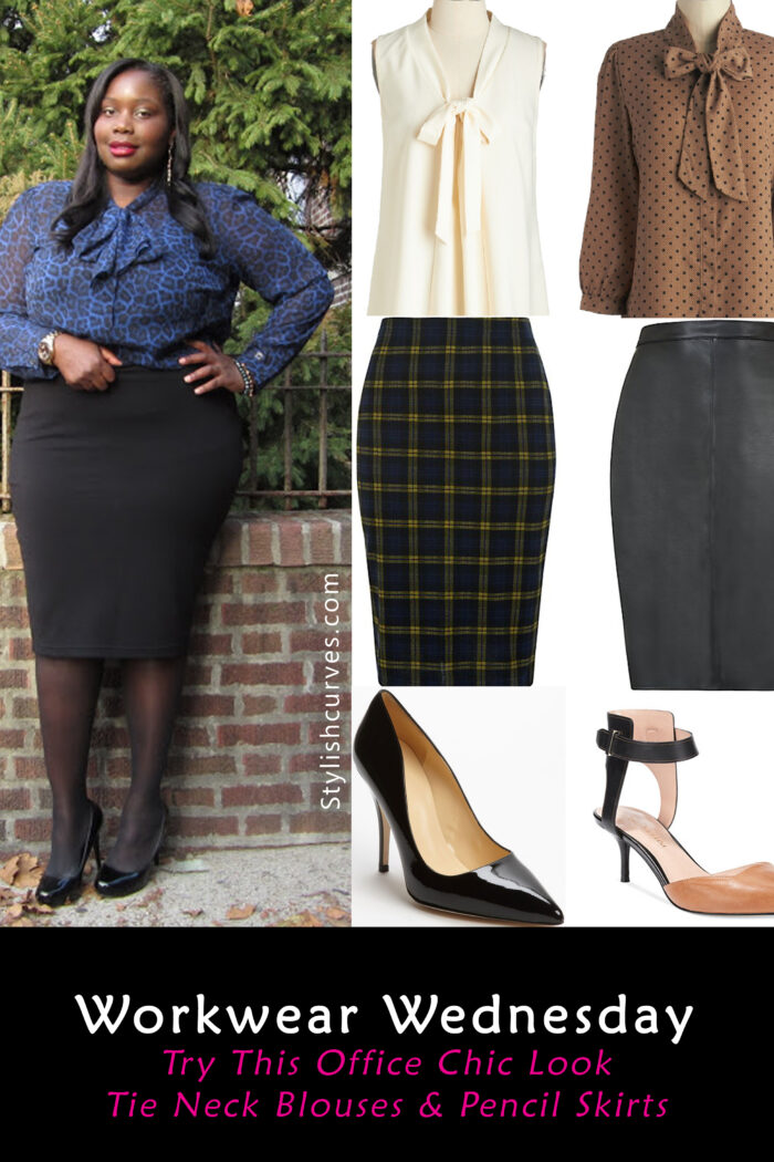 Need An Easy Work Look To Get You Out The Door In 15 Minutes? Well, Try A Tie Neck Blouse And Pencil Skirt For A Quick & Chic Office Look (Plus Size Style)