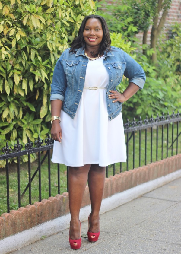 denim and white dress