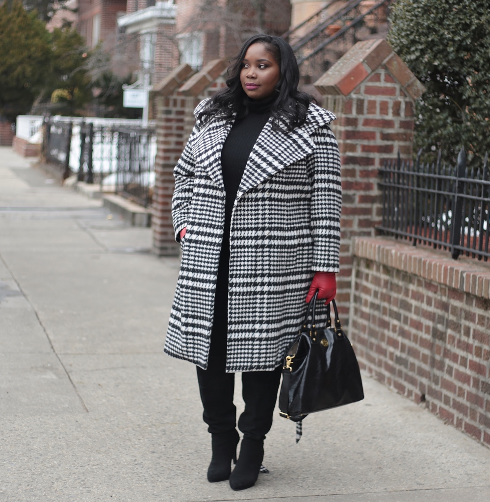 A Houndstooth Wrap Winter Coat And Red Leather Gloves - Stylish Curves