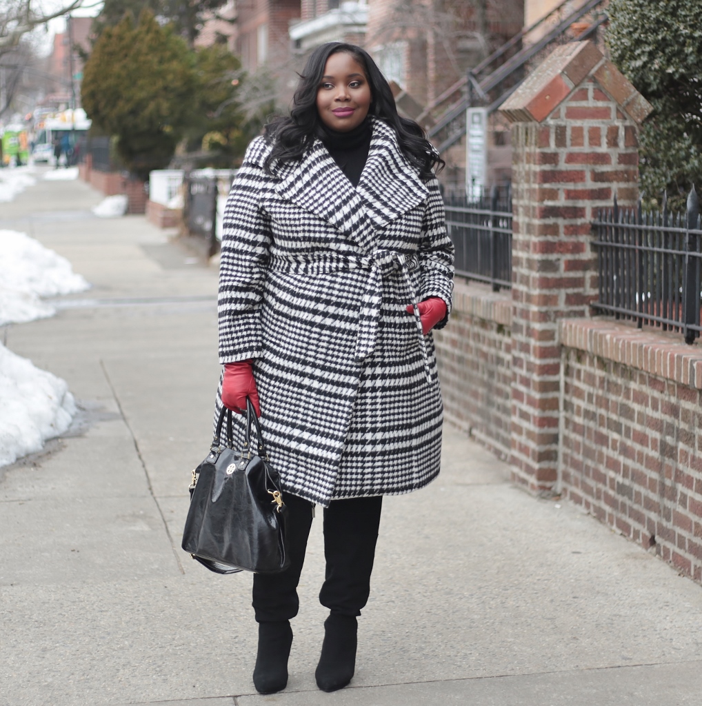 A Houndstooth Wrap Winter Coat And Red Leather Gloves - Stylish Curves