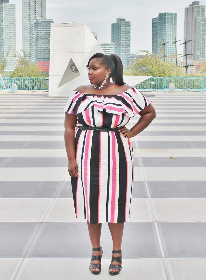 Visiting the United Nations In A Simply Be Striped Off The Shoulder Midi Dress