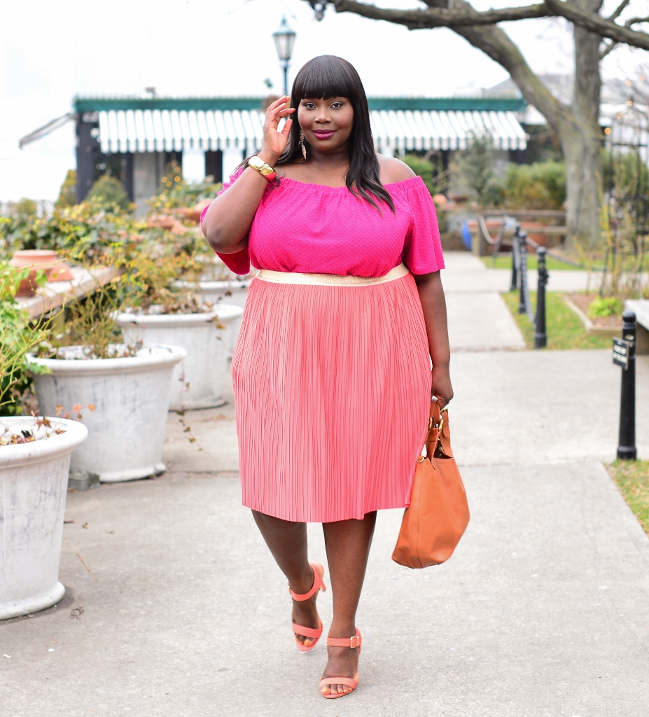 Spring Chic In A Pleated Skirt & Off The Shoulder Top - Stylish Curves