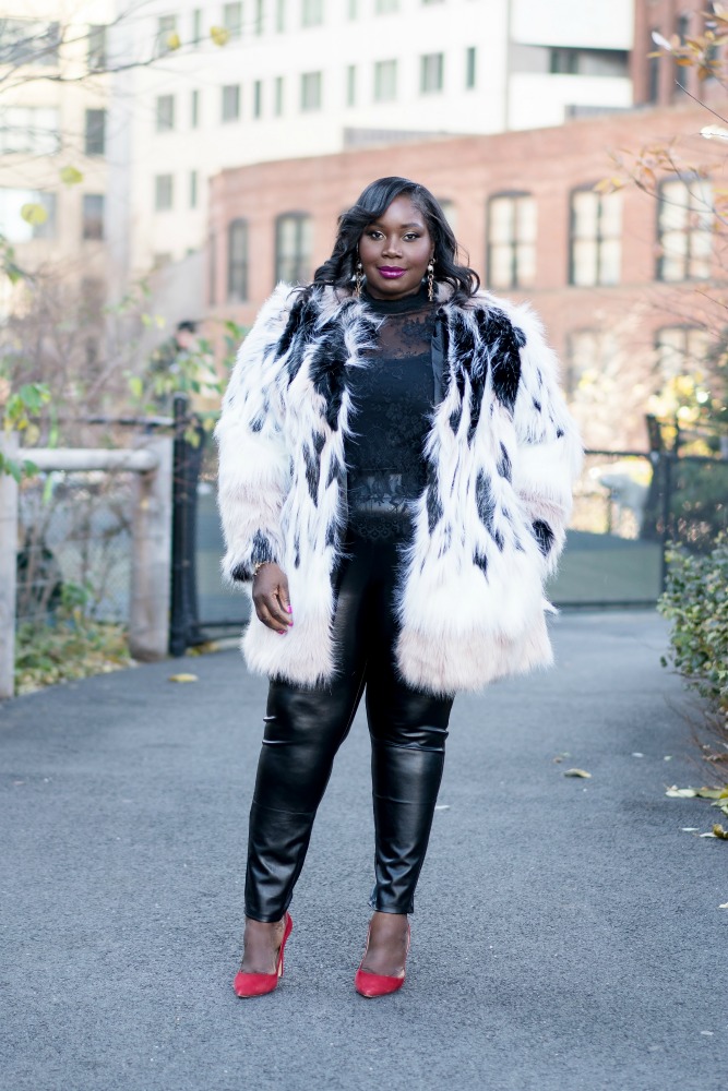 Black white faux outlet fur coat