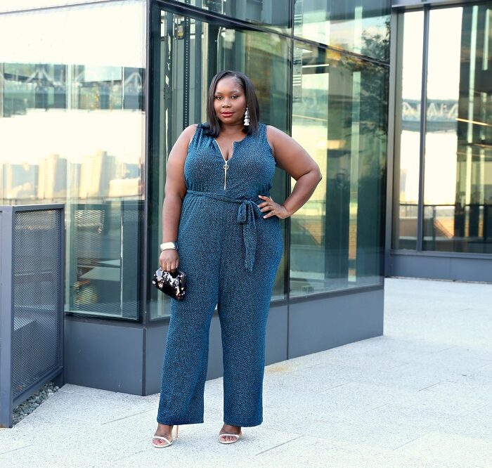Serving Holiday Style In A Metallic Plus Size Jumpsuit