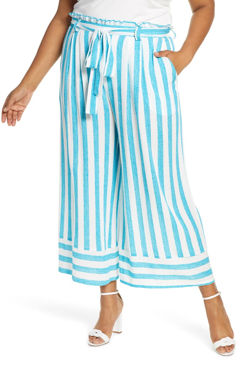 Blue and White Striped Pants - Paper Bag Pants - Wide-Leg Pants