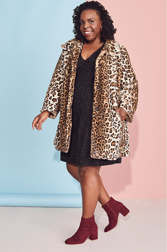 plus size woman in leopard print coat