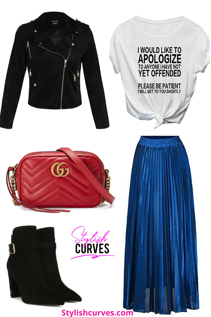 plus size winter outfits featuring a metallic blue pleated skirt