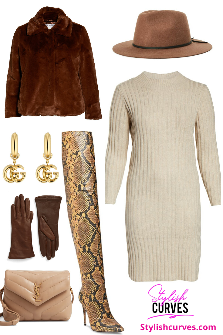 plus size winter outfits featuring a sweater dress and faux fur coat.