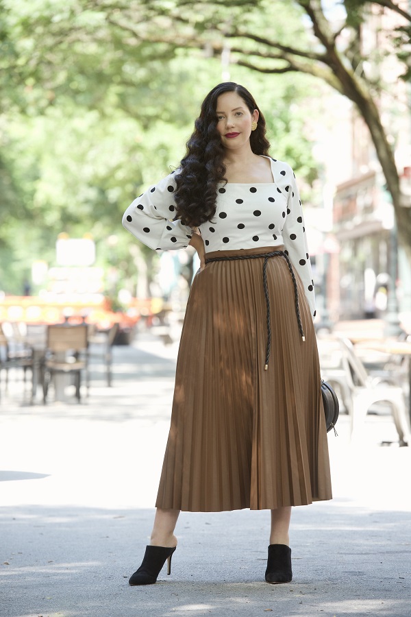 faux leather pleated skirt in brown from the girl with curves qvc collection