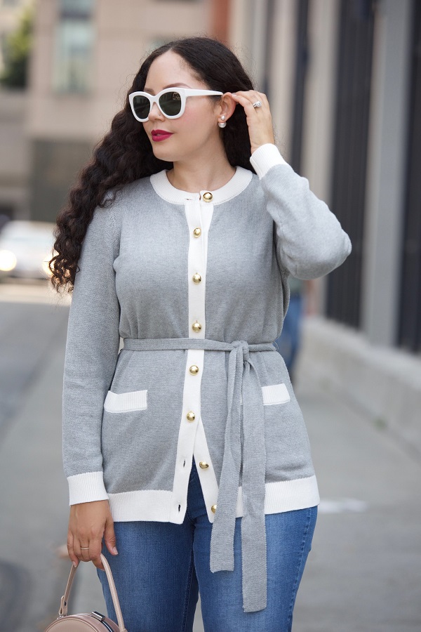gold button belted cardigan in grey from the Girl with curves qvc line