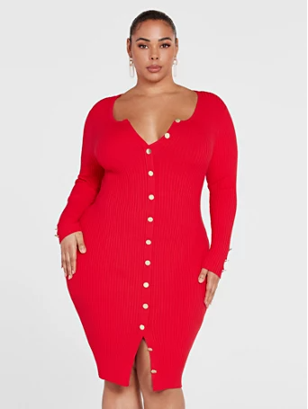 red sweater dress with pearls