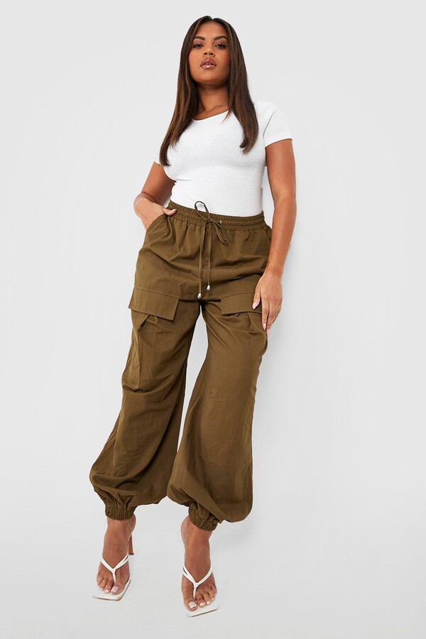 Plus Black Nylon Wide Leg Cargo Pants