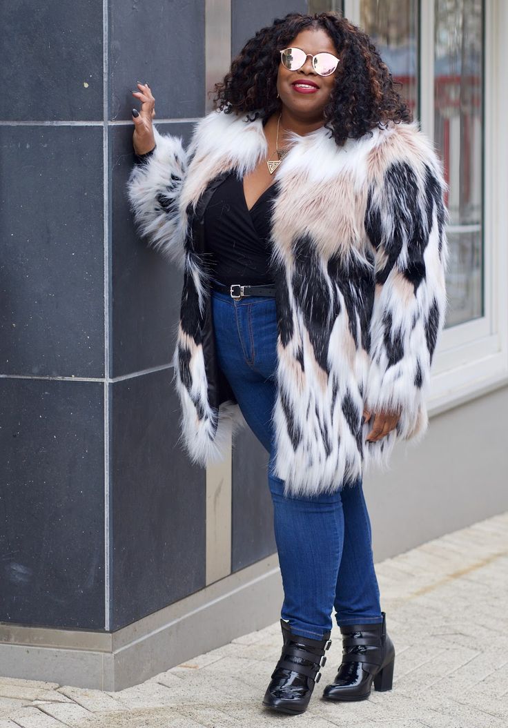 black and white printed plus size faux fur coat