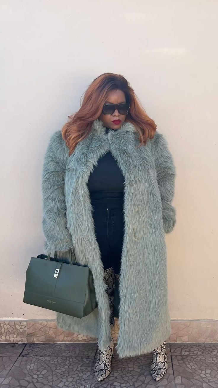 green shaggy plus size faux fur coat with snakeskin boots