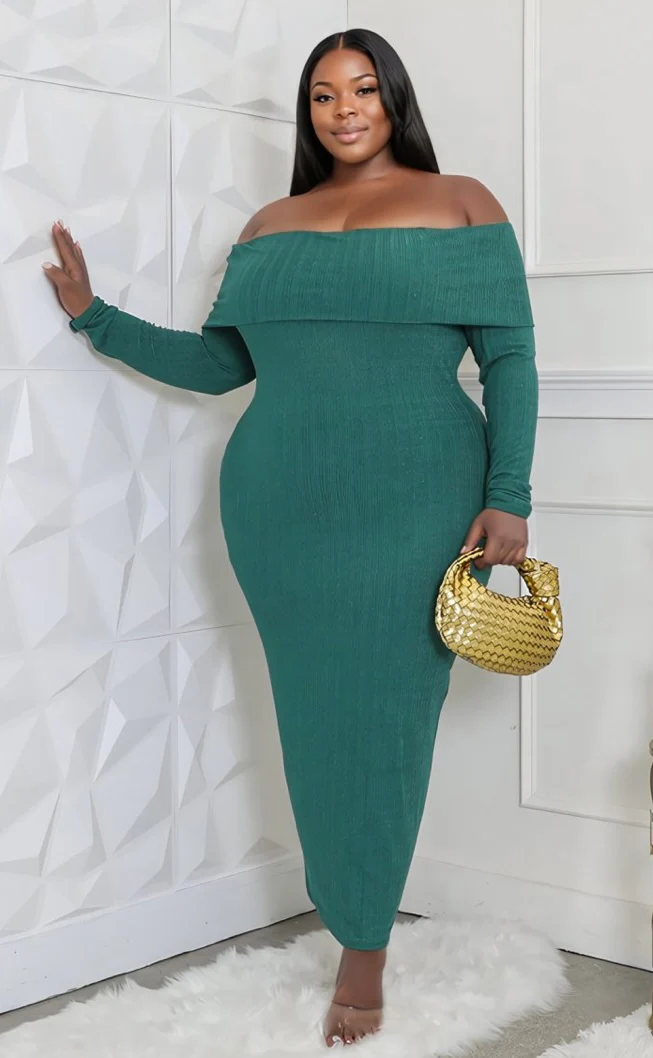 GREEN OFF the shouldwe sweater dress on  a plus size body