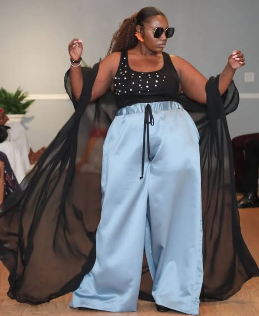 blue satin plus size wide leg pants with black sheer top